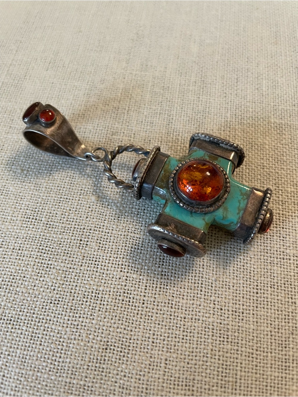 LARGE Reversible Sterling Silver, Turquoise, and Amber Cross Pendant - Picture 2 of 12